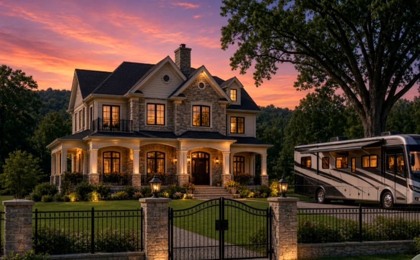 Home and RV at dusk — on-site service for houses and coaches